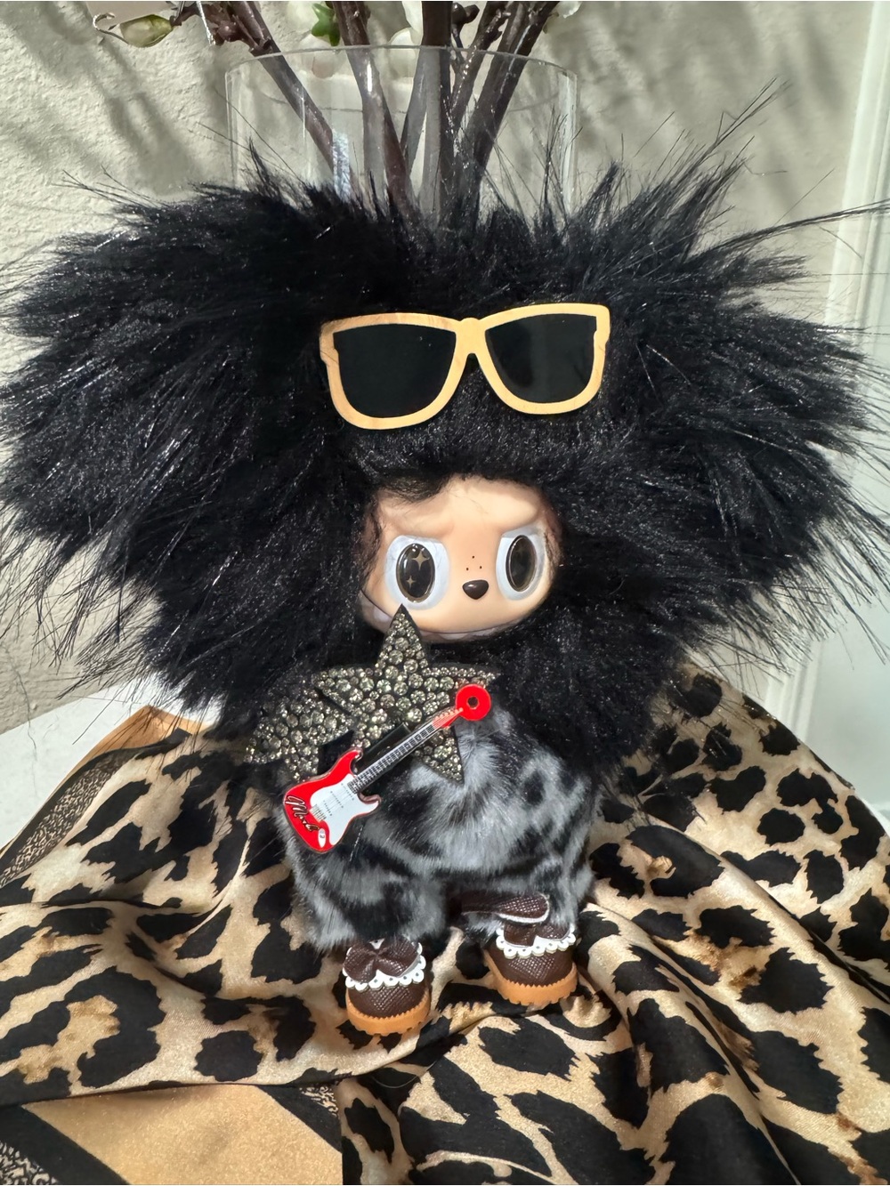 Black Fuzzy Rocker Plush Custom Labubu with Accessories - Picture 9 of 9